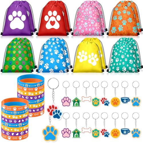 Talltalk 48 Pcs Paw Print Dog Party Supplies Puppy Dog Party Favor Set 16 Drawstring Bags Gift Candy Goodie Bags 16 Paw Wristband Rubber Bracelet 16 Patrol Keychain for Puppy Birthday Favor Boy Girl