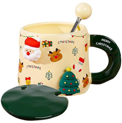 WOTEG Weihnachtsbaum Keramiktasse - Feiertagsbecher Mit Deckel Und Löffel - Mikrowellen- Und Spülmaschinenfeste Weihnachtsbecher Für Die Festliche Jahreszeit