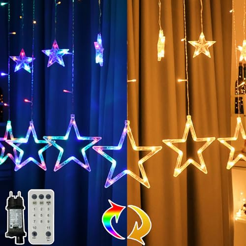 MOLVCE Ljusslingor, 12 stjärnor, 138 LED-ljusslingor, ljusgardin inomhus, utomhus, med 11 lägen, fjärrkontroll, timer och minnesfunktion för jul, fest, hem, sovrum