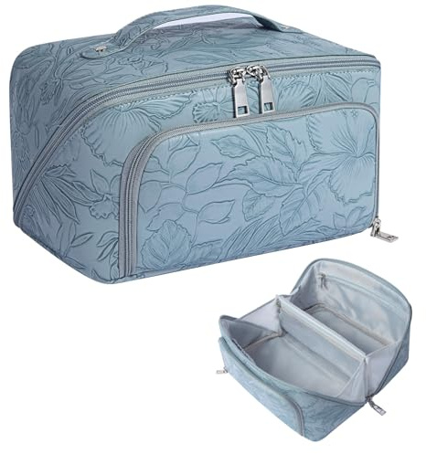 GERYUAEG Travel Makeup Bag, Large Capacity Cosmetic Bags for Women, Waterproof Lining and PU Leather Portable Pouch, Open Flat Toiletry Bag, Make up Organizer with Divider & Handle (Light Blue)