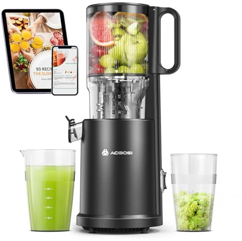 AOBOSI Slow Juicer mit 126 mm XXL-Einfüllöffnung – 1,5 L, 200 W leiser Entsafter mit Rückwärtslauf, Dreifachfilter & Press-Schnecke – Entsafter Gemüse und Obst Testsieger,Schwarz