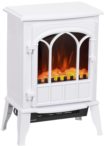 HOMCOM Chimenea Eléctrica de Pie 1000W/2000W Chimenea Decorativa con Ventana Efecto de Llama Temperatura Ajustable y Protección Sobrecalentamiento para 15-30 ㎡ 39x23x56,5 cm Blanco