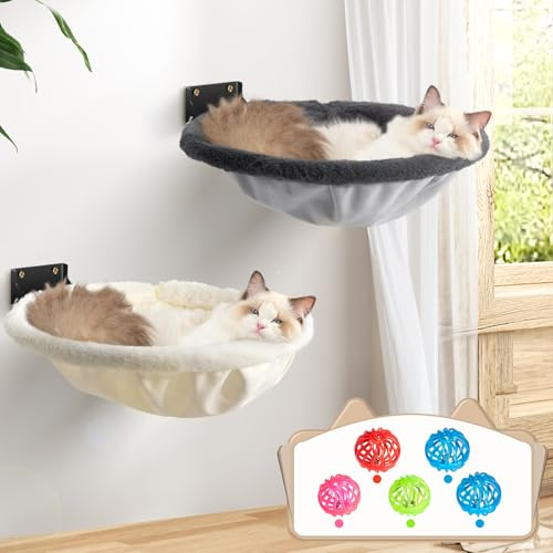 JUNSPOW Cat Hammock Wall Mounted, Foldable & Stable Cat Beds- Breathable Cats Wall Shelves for Sleeping, Playing, Climbing, and Lounging - Maximum Hold Up to 30lb（Gray+Cream,Faux Rabbit Fur）
