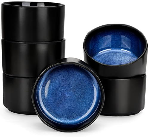 CSYY Bol Céramique Artisanal 500ml, Lot de 6 Noir Extérieur & Bleu Foncé Intérieur pour Salade Dessert Céréales Vaisselle Élégante et Résistante