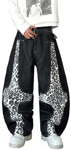 QGRSWBC Mens Wide Leg Jeans Baggy Loose Fit Denim Pants Skater Jeans Y2k Patchwork Trousers Black L