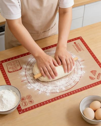 Huglux Tapete Silicona Horno 70x50 cm, Tapete Horno Sin BPA Grande, Baking Mat Antideslizante con Medidas, Protector de Encimera Resistente al Calor para Amasar Masa, Pizza, Macarons, Galletas - Rojo