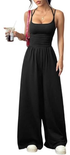 FULOOE Mono Mujer Casual Sin Mangas Jumpsuit Largo Pierna Ancha Pantalón Rompers Verano Mono Largo Mujer Verano Elegante Sexy Espalda Descubierta Pantalón de Pata Ancha Cintura Alta