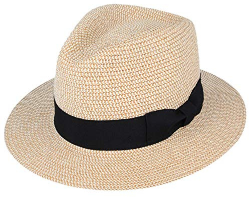 UNISEX PAPER STRAW CRUSHABLE FOLDABLE SUMMER PANAMA FEDORA HAT WITH BAND AND ADJUSTABLE SWEATBAND IN 8 COLOURS (SMALL, NATURAL)