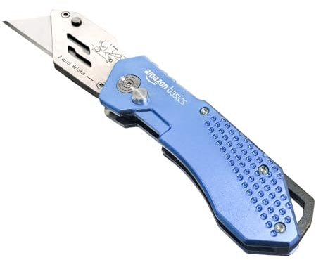 Amazon Basics Folding Utility Knife Box Cutter with Locking Mechanism, Quick Change Blade, Lightweight Aluminum Body, Holster, Light Blue