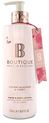 Boutique Cherry Blossom & Peony Fragrance Hand & Body Lotion 500ml – Vegan Body Moisturiser with Essential Oils, Made in England – Lightly Scented Refreshing Hand & Body Care