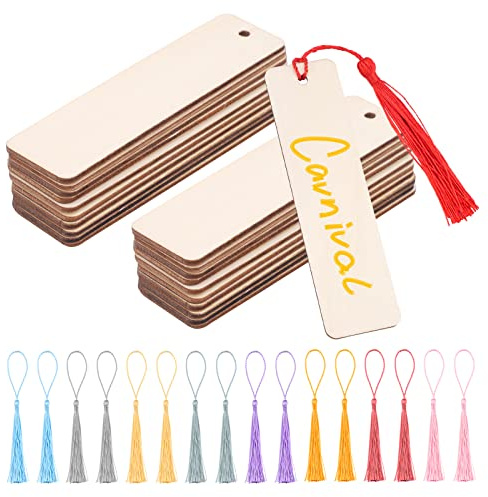 64 Wood Bookmarks Set - 32 DIY Craft & 32 Tassel Bookmarks - 12x3.2cm Wooden Hanging Tags