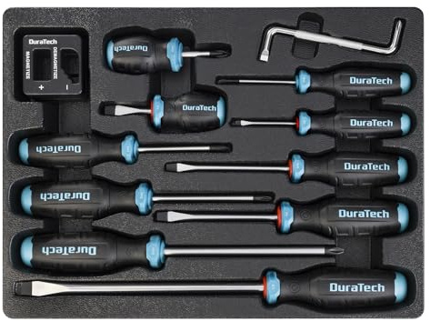 DURATECH 12-Piece Magnetic Screwdriver Set, 5 Phillips and 5 Slotted Tip S2 Alloy Steel Screwdriver Set, 1 pc Magnetizer Demagnetizer, 1 pc CR-V Offset Screwdriver, Storage Tray Included