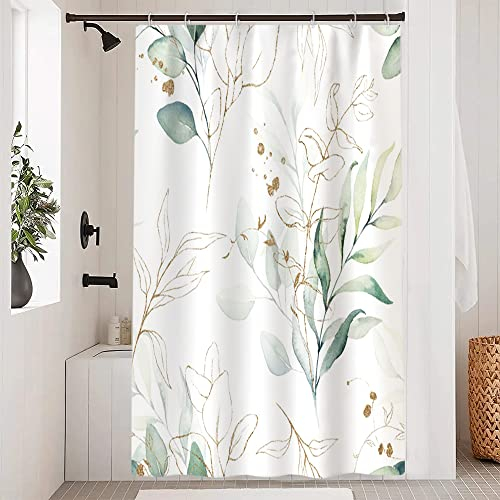 Uiiooazy Duschvorhang 120x180cm, Duschvorhang Eukalyptus Grüne Blätter Anti Schimmel Gold Aquarell Pflanzen Duschvorhänge Wasserdicht Polyester Stoff Waschbar Bad Vorhang mit 8 Haken für Badezimmer