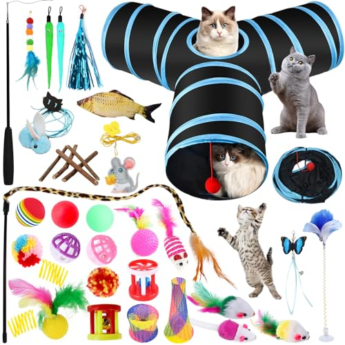 TAVADA Katzenspielzeug Set mit Katzentunnel,38 Stück Katzen Spielzeug,Enthält auch Bälle,Tumbler,Federspielzeug,Spielzeugmäuse,Katze Toys Variety Spielzeug Set