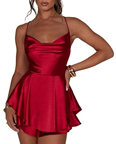 LouVasabuce Satin-Kleid für Frauen, sexy, rückenfreies, kurzes Kleid mit Rundhalsausschnitt, zum Binden am Hals, Schichtenkleid mit Spaghetti-Träger, Jumpsuit, Minikleid, Rot/Ausflug, einfarbig