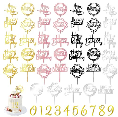 50 PCS Acrylic Happy Birthday Cake Topper Gold Black Pink Silver Cake Topper Pick for Birthday Cake Decorations (4 Colors)