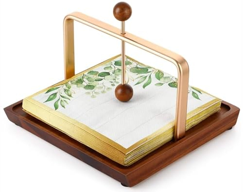OUSEEN Serviettenhalter Holz mit Beschwerer, Moderner Serviettenspender aus Akazienholz & goldenem Metall, Flacher Halter für Tisch, Küche, Garten & Restaurant