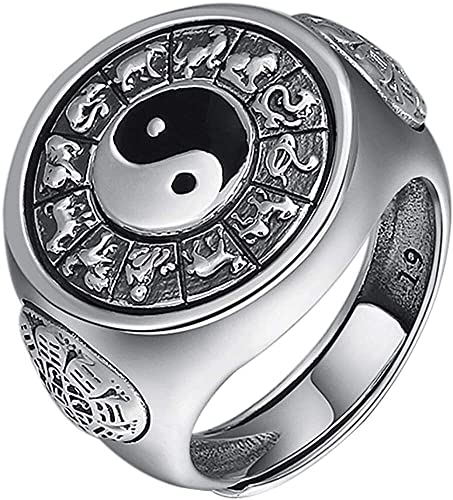 ELEGAM Bague Feng Shui Mantra, Bague Fantaisie, émail Vintage en Argent Sterling Ancien Symbole Chinois Yin Yang Spinner Ring avec 12 Signes du Zodiaque Chinois for Homme Femme Ouvert et réglable