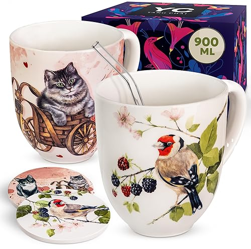 YC Yang Chai Jumbotassen 900ml - 2er Set - Teetassen Set aus Knochen porzellan - XXL Tassen Geschenkset mit Untersetzer - Kaffeebecher Geschenkidee - Jumbobecher YC Berry Birdy + YC CatiCat (2er Pack)