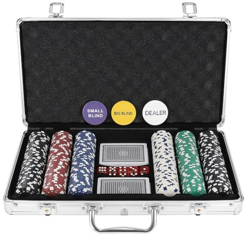 MT MALATEC Texas Holdem Pokerset mit Pokerkoffer aus Aluminium Abschließbar 2 Kartendecks 300 Pokerchips 5 Würfel Spielset 23528