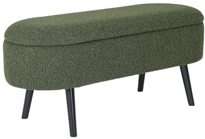 sweeek - Banc Coffre. Bout de lit avec revêtement Bouclette texturée. Kaki. Pieds en Bois Noir. L 112 x 44 x 50cm