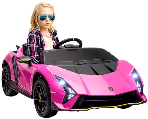 AIYAPLAY 12V Lamborghini Autentica Licensed Kids Electric Car with Butterfly Doors, Ride on Car with Remote Control, 4 Suspension Wheels, Soft Start, LED Lights, Music, Horn, Pink