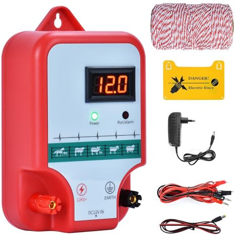 15KM Pastor Electrico, cerca eléctrica Controlador de pulso de alto voltaje seguro Granja de animales Cerca eléctrica Pastor Granja de animales Pastor eléctrico (Rojo)
