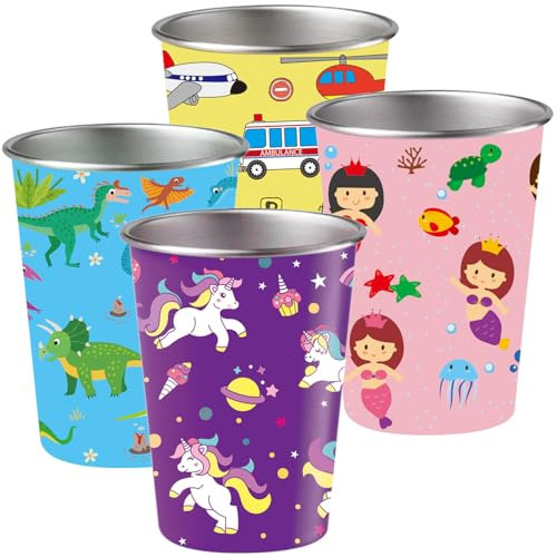 Edelstahl Trinkbecher für Kinder 350ml, 4er Set Kinderbecher für Jungen und Mädchen, Kinder Tassen Edelstahlbecher mit 4 Cartoon-Design: Einhorn, Dinosaurier, Meerjungfrauen, Verkehrsmittel