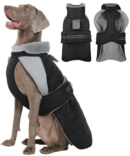 Kuoser Abrigo de invierno para perro, color negro, talla L, impermeable, resistente al viento, para perros medianos y grandes, ropa de abrigo de forro polar para mascotas, diseño reflectante, ajuste