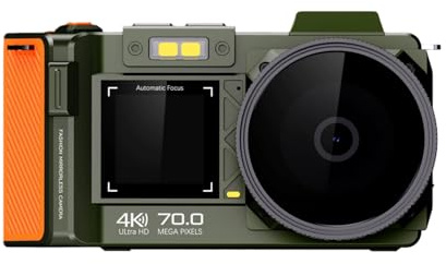 PUSOKEI 4K 70 MP Digital DSLR-kamera för Fotografering, F1.8 Autofokus & 50X Zoom Vloggningskamera med Dubbelskärm, Time Lapse och Slow Motion, WiFi-stöd (Olivgrön)