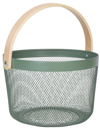 Relaxdays Cesta de Almacenaje Acero con Asa, Redonda, Caja Organizadora de Metal y Madera, Cocina, Baño, Salón, Colores