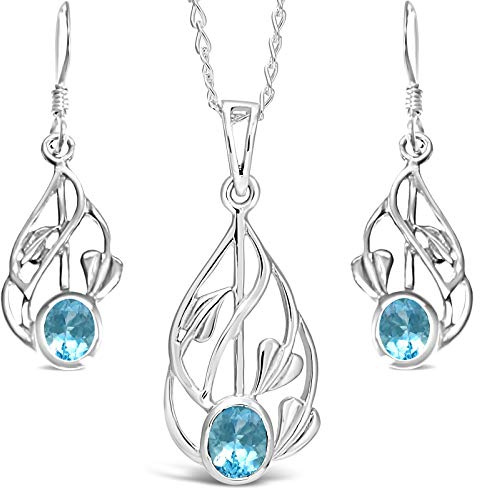 Alexander Castle Women's Jewellery Set 925 Sterling Silver & Blue Topaz Charles Rennie Mackintosh Gift Set - Necklace and Earring Set with Jewellery Gift Box