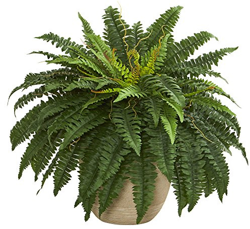 Nearly Natural 22in Artificial Boston Fern Plant in Sandstone Planter, Faux Greenery for Indoor Home Decor