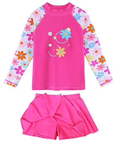 ZNYUNE Niña Traje de Baño Impreso 2 Piezas Top Manga Larga + Falda Shorts (Rosa B, 7-8 años(Etiqueta NO.8A))