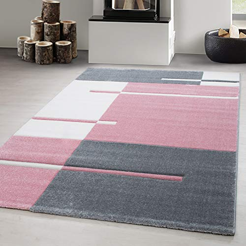 Carpetsale24 Teppich 120x170 cm – Kurzflor Konturenschnitt in Pink Grau Weiß – Kariertes Design, Extra Weich, Waschbar, Pflegeleicht – Für Wohnzimmer, Schlafzimmer, Esszimmer
