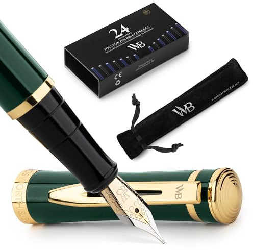 Wordsworth & Black Füllfederhalter-Set, 18K Vergoldete mittlere Feder, inkl. 24er Pack Tintenpatronen, Nachfüllkonverter & Geschenketui, Gold Finish, [[Renn Grün]], Perfekt für Männer & Frauen