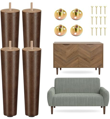 Yes4All 8 Inches Round Wood Furniture Legs Set of 4 - Wooden Replacement Feet for Couch, Bed, Bench - Adjustable Sofa, Ottomans Tapered Leg with Leveler - Brown Rubber Wood Parts for Table, Chair