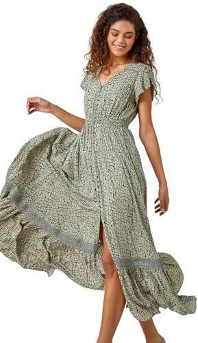 Roman Originals Shirred Empire Waist Dress for Women UK Ladies Midi Maxi Summer Spring Tiered Frill Hem Short Sleeve V Neck Button Through Boho Bohemian Holiday Cruise - Khaki - Size 14