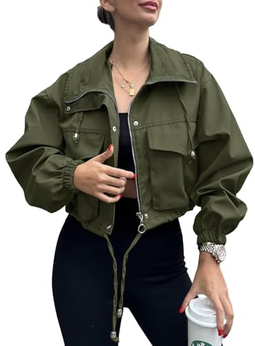 Tankaneo Womens Cropped Jacket Zip Up Lightweight Oversized Utility Anorak Coat with Pockets