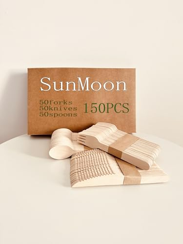 Lot de 150 couverts en bois jetables, écologiques 50 cuillères 50 fourchettes 50 couteaux, emballage sans plastique, remplacement du plastique et du bambou, jetable pour fête, voyage