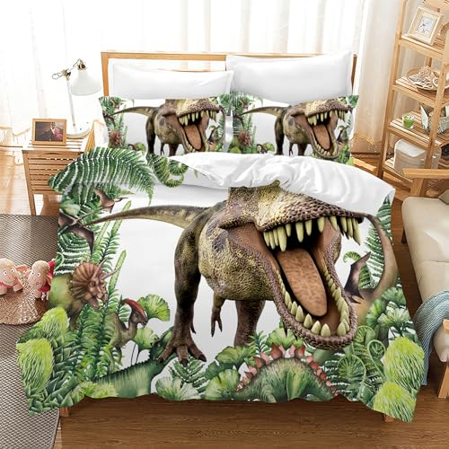 Leleyouzer Dino Bettwäsche Set,3D Dinosaurier Bettwäsche für Jungen Kinder,Weicher Mikrofaser-Kinderbettbezug mit Reißverschluss und 2 Kopfkissenbezügen 50 x 75 cm (Dino 5, 135×200 cm)