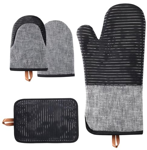 TIPTAP Kitchen Oven Mitts 4pcs Set- Non-Slip Cotton Oven Mitt & Pot Holders – Heat Resistant, Durable & Machine-Washable -One Long Mit, Two Mini Oven Mitts & One Pot Holder (Black)
