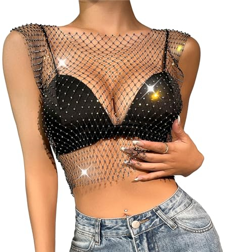 UICCVOKK Mesh Top glitzer Mesh Oberteil Damen Glitzer, Oberteile Damen Festival Glitzer Top Damen Mesh Oberteil, Damen Glitzer Transparent Oberteil für Frauen Bälle Nachtclub Konzerte Festival