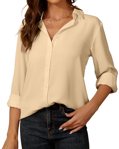 Chemisier Blanc Femme Chic Et élégant à Manches Longues pour Femme - Chiffon Chemisier avec Boutons - Col en V Haut Décontracté - pour Le Bureau Travail pour Femme Blouse
