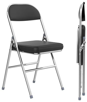 Set de 2 Sillas Plegables Comedor, Silla Plegable Acolchada con Estructura Metálica, Piel Sintética, Ahorra Espacio, Silla Ligera para Despacho Cocina Dormitorio Salón Terraza, 42x46x80cm, Negro