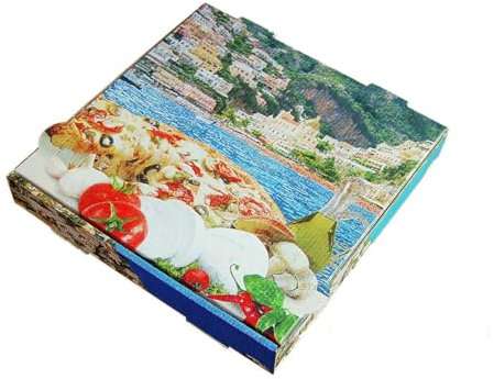 Pro DP 100 Pizzakartons Pizzaboxen Pizzaschachteln mit Mittelmeer Motiv 4cm hoch Kraftkarton recycelbar versch. Größen (26x26x4cm)