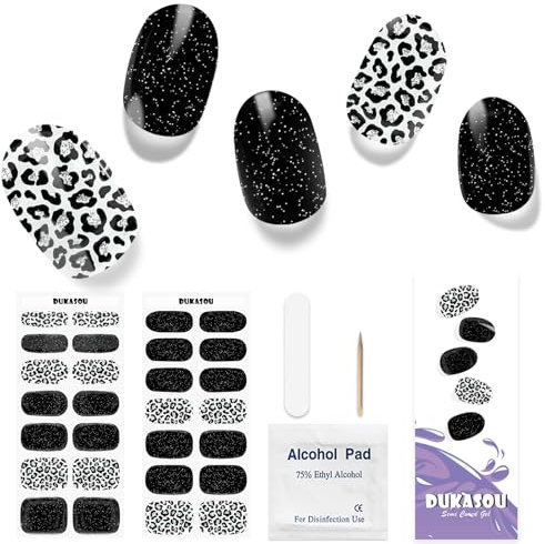 DUKASOU Semi Cured Gel Nail Strips, 28pcs Real Nail Polish Art Stickers/Wraps, Includes Prep Pads, Nail File & Wood Stick, Sticker Nails for Women Girls Kids Diy Decorations Birthday Party Favor Gifts