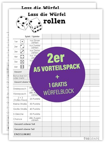 Pacchetto conveniente, 2 blocchi di dadi di ricambio + 1 blocco di dadi gratuito, formato A5, carta di qualità, antiperforazione, prodotto in Germania, stampa ecologica
