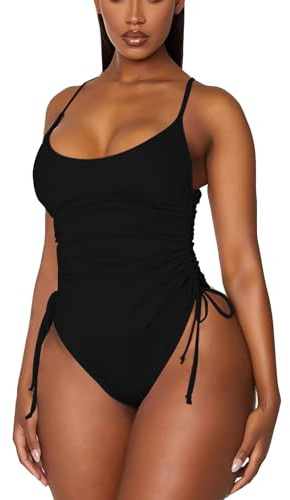 Generisch Bikini Large Bust Without Underwire Swimsuit Monokini Body with High Leg Cut, black, M