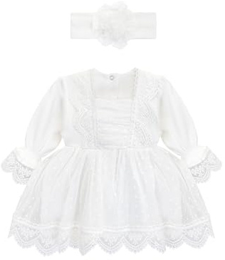 Lilax Baby Girls Lace Baptism Dress Christening with Matching Headband (White, 9-12 Months)
